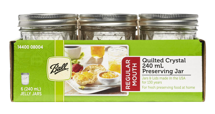 Ball Mason Quilted Design Preserving Jars 240ml - Regular Mouth With Recipe Insert - 6 Pack