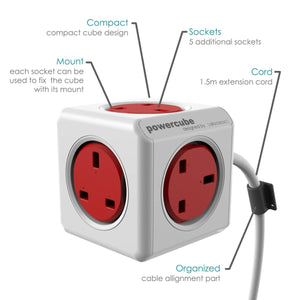 Allocacoc PowerCube Extended 3 meter 5way Wall Socket Adapter (Red) - 2tech ltd