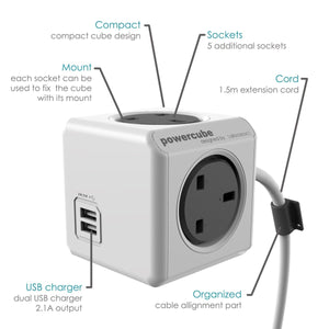 Allocacoc PowerCube Extended 3 meter USB 4 way + 2 USB Wall Socket Adapter (Grey) - 2tech ltd