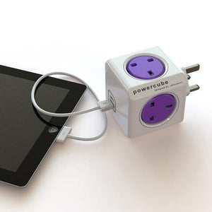 Allocacoc PowerCube Rewirable Travel Plug 4-way + 2 USB Wall Socket Adapter (Purple) - 2tech ltd