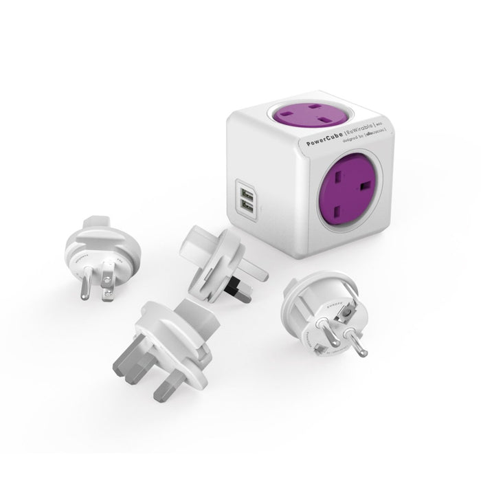 Allocacoc PowerCube Rewirable Travel Plug 4-way + 2 USB Wall Socket Adapter (Purple)