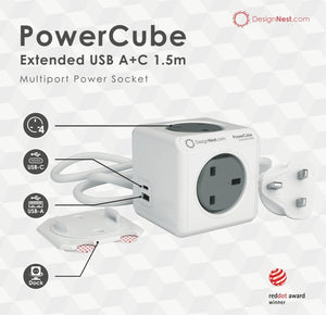 PowerCube Extended USB A+C – 1.5 meter extension cable - 2tech ltd