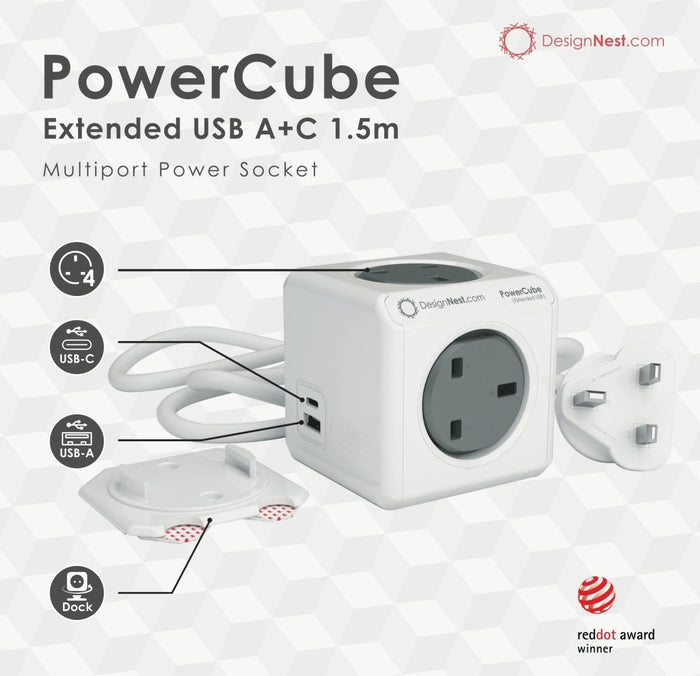 Allocacoc PowerCube Extended USB A+C – 1.5 meter extension cable